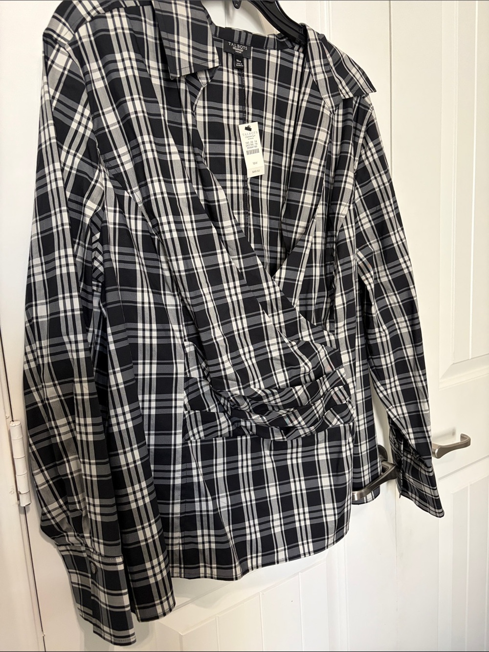 Talbots Black and White Plaid Wrap-Style Blouse